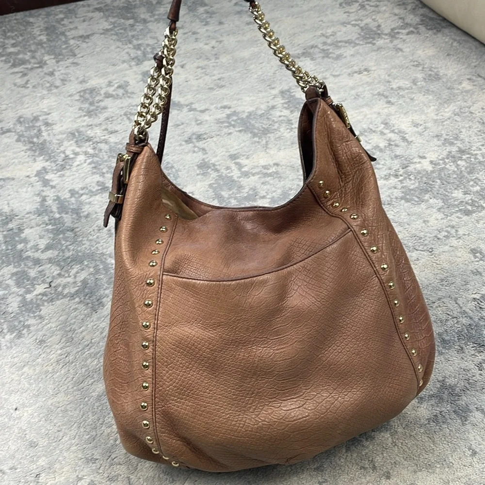 MICHAEL Michael Kors Middleton Hobo Bag Studded Embossed Leather Brown Cognac